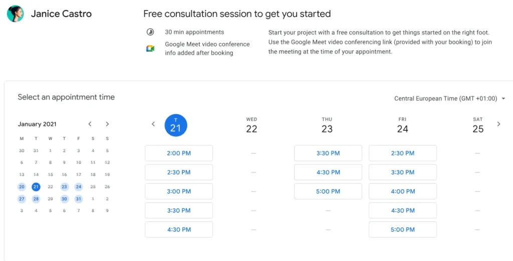 Google calendar example setting appointments